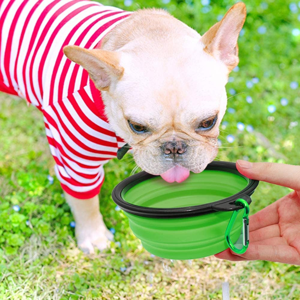 Collapsible Dog Bowl, 2 Pack Collapsable Dog Water Bowls for Cats Dogs, Portable Pet Feeding Watering Dish for Walking Parking Traveling with 2 Carabiners (Small, Blue+Green)