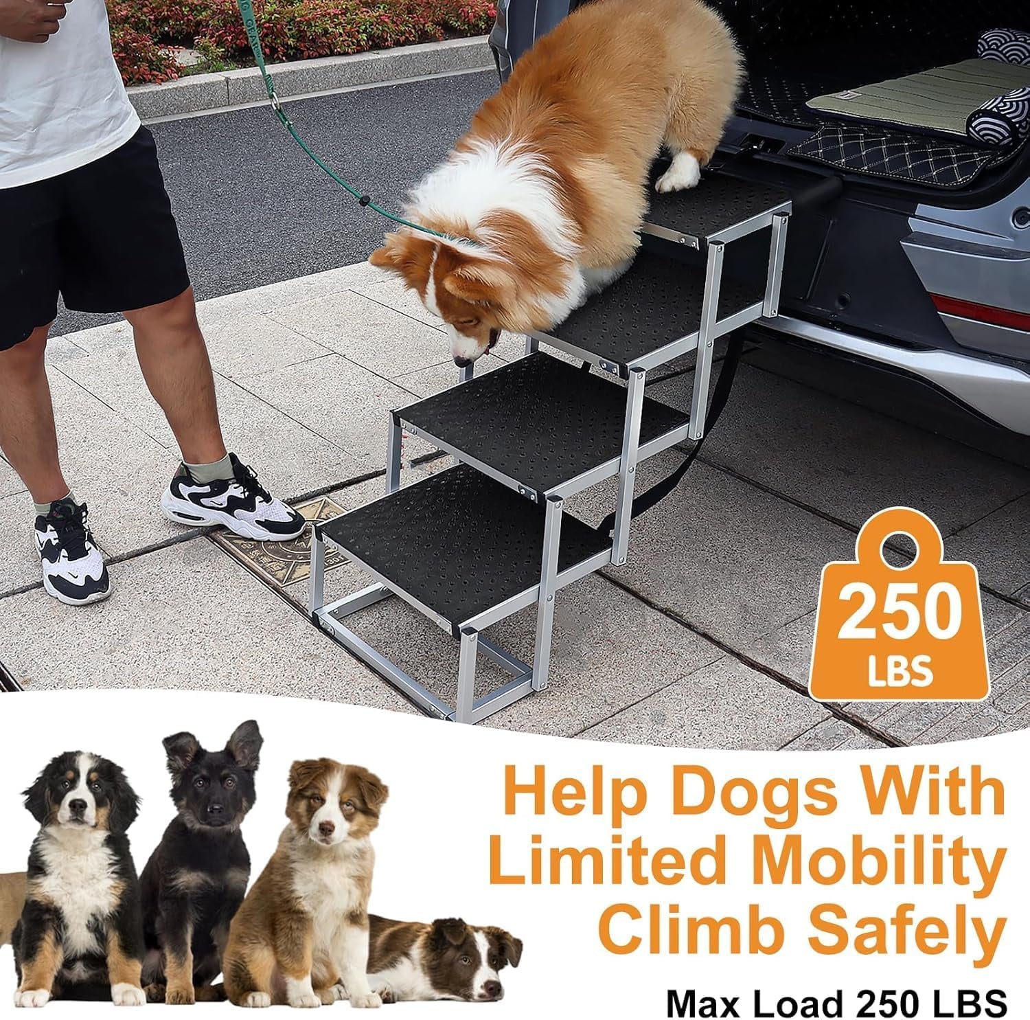 Foldable Dog Car Ramp for Large Dogs, 4 Steps Portable Large Dog Steps for Car Truck SUV High Bed, Aluminum Dog Stairs with Non-Slip Surface, Outdoor Dog Ramp Stairs for Dogs Max up to 200Lbs