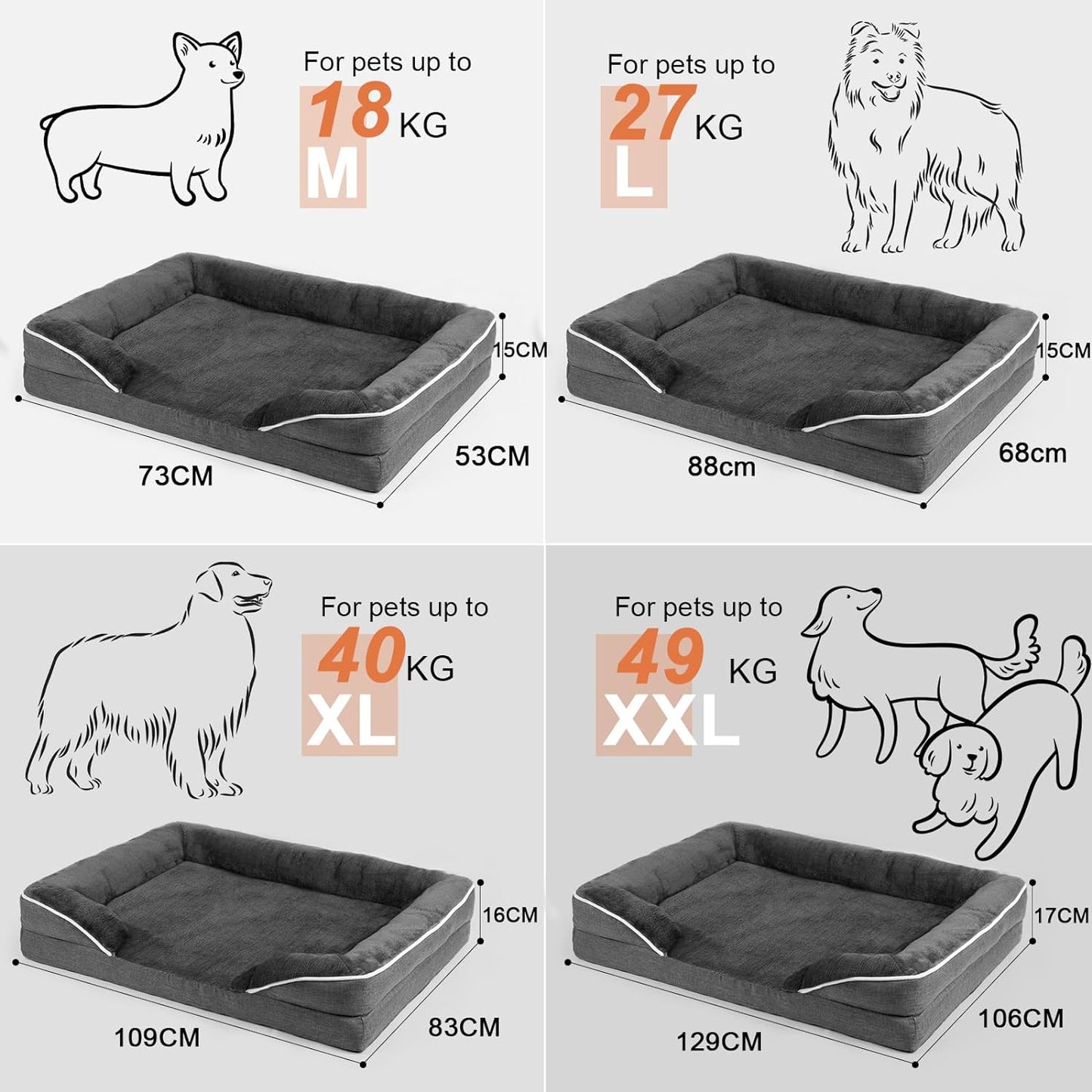 Dog Bed for Small Medium Dogs, Orthopedic Dog Sofa Bed Rectangle Pet Bed Washable Dog Bed Cozy Faux Fur Large Dog Bed Cushion, Dark Grey, Medium(72 * 53Cm)